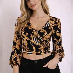 ARABELLA Black and Gold Baroque Striped Surplice Baddie Crop Top